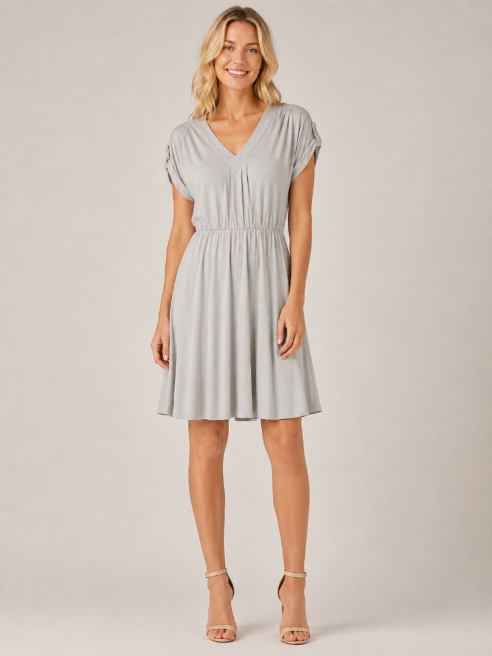 St. John Pleated V-Neck Blouson Sheath Dress Cap Sleeve Gray 6 #A0565